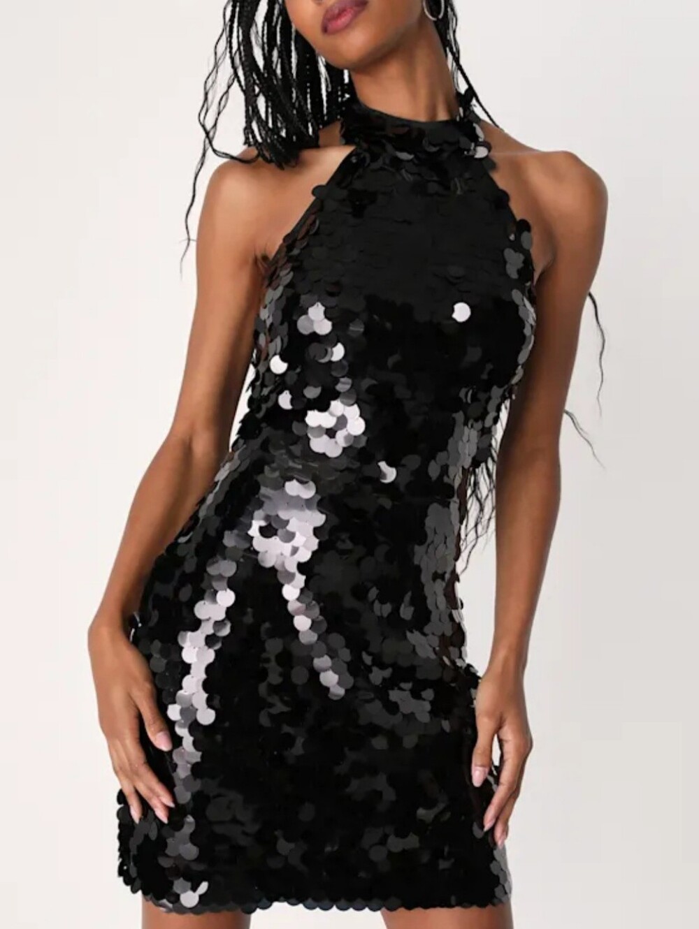 New Lulu's Perfect Shine Black Pallet Sequin Halter Dress Size Large